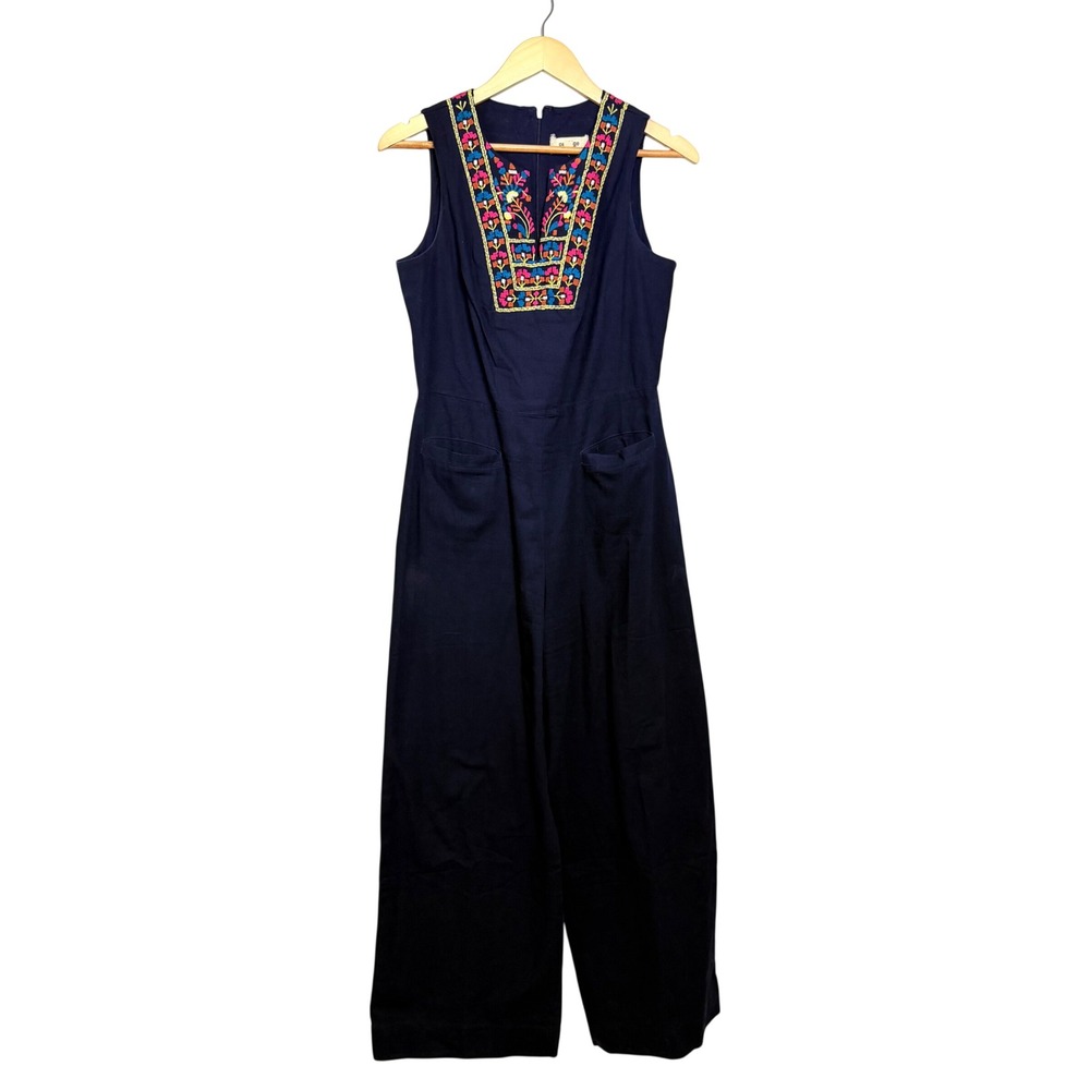 Porridge Anthro Navy Blue Embroidered Cotton Wide Leg Jumpsuit Womens Small